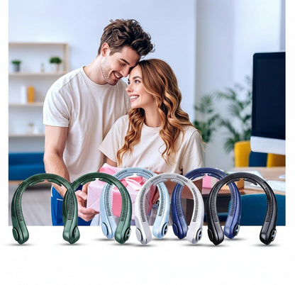 Essential Selects portable bladeless neck fans in various colors with LED displays, worn by a happy couple indoors.
