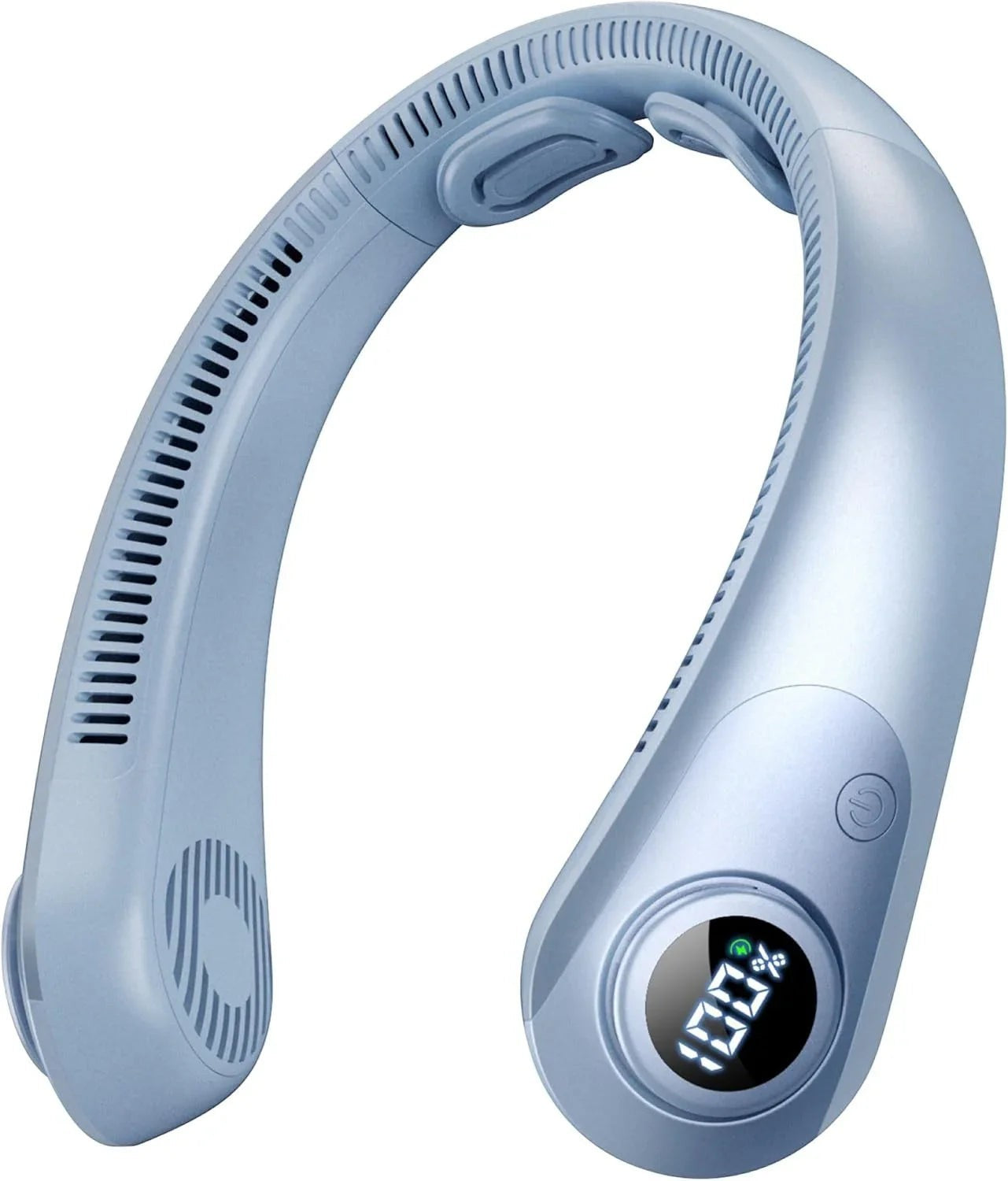 Essential Selects portable bladeless neck fan in light blue with an LED digital display and five speed settings.