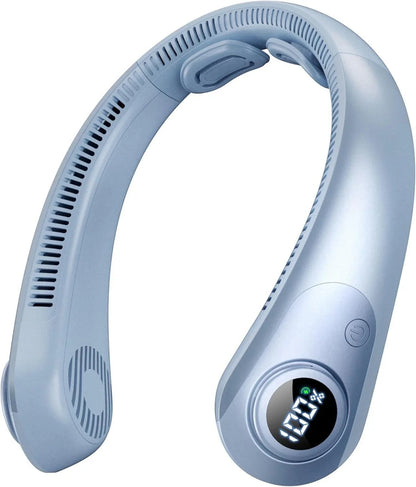 Essential Selects portable bladeless neck fan in light blue with an LED digital display and five speed settings.