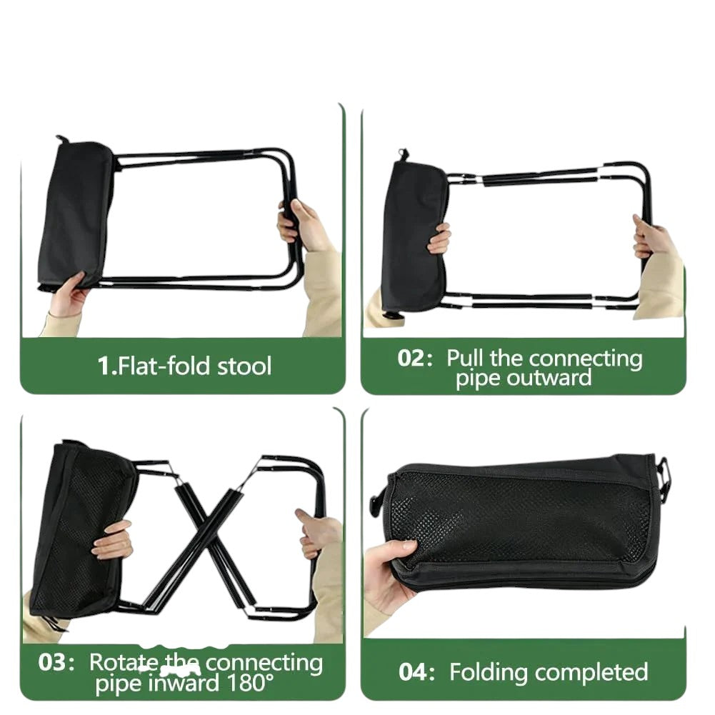 Essential Selects portable black collapsible stool showing four steps to fold the aluminum frame into a compact size.