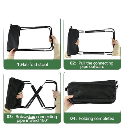 Essential Selects portable black collapsible stool showing four steps to fold the aluminum frame into a compact size.