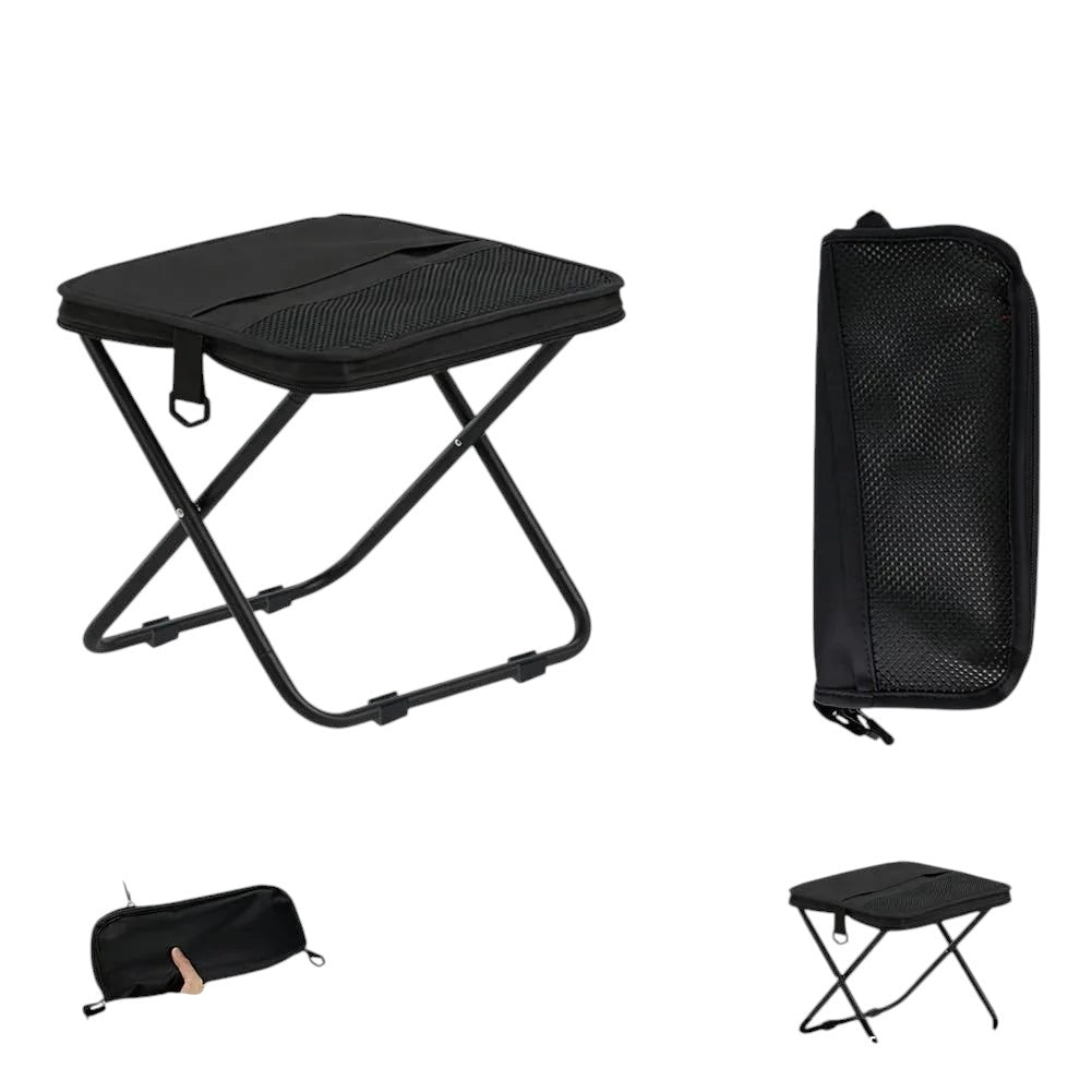 Essential Selects portable black collapsible stool with assembly instructions, showing dimensions and folding design.