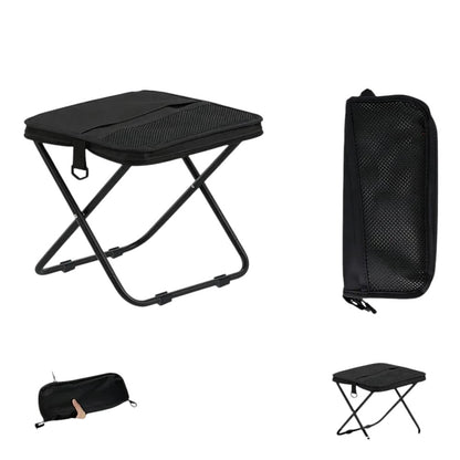 Essential Selects portable black collapsible stool with assembly instructions, showing dimensions and folding design.