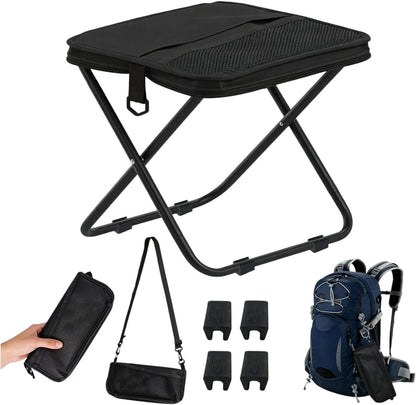 Essential Selects black portable collapsible stool with aluminum frame, shown unfolded and packed in a carry bag.