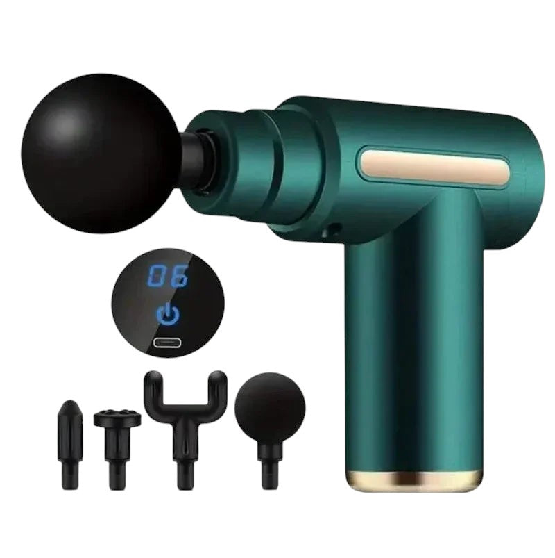 Essential Selects portable deep muscle vibration massage gun in dark green with four interchangeable heads and LED screen