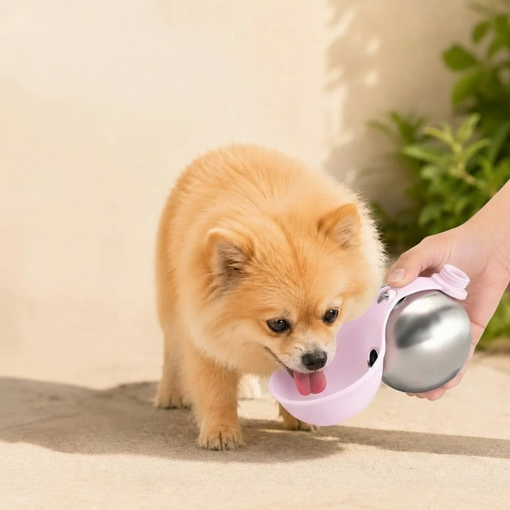 Essential Selects light pink stainless steel portable dog water bottle with a collapsible silicone bowl for small dogs