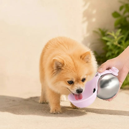 Essential Selects light pink stainless steel portable dog water bottle with a collapsible silicone bowl for small dogs