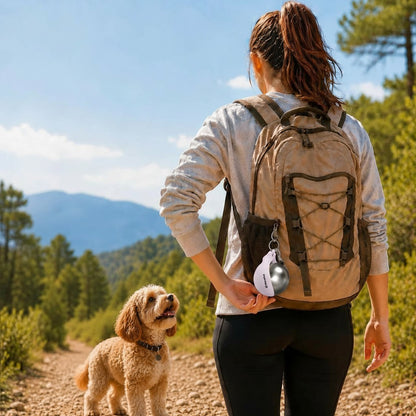 Essential Selects light pink stainless steel dog water bottle with collapsible bowl clipped to a hiker's backpack
