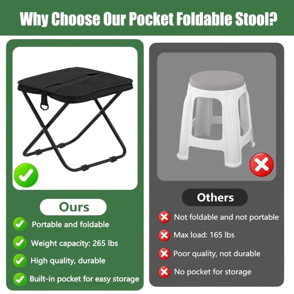 Essential Selects portable black foldable stool with storage pocket compared to a non-foldable white plastic stool.