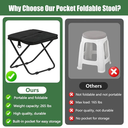 Essential Selects portable black foldable stool with storage pocket compared to a non-foldable white plastic stool.