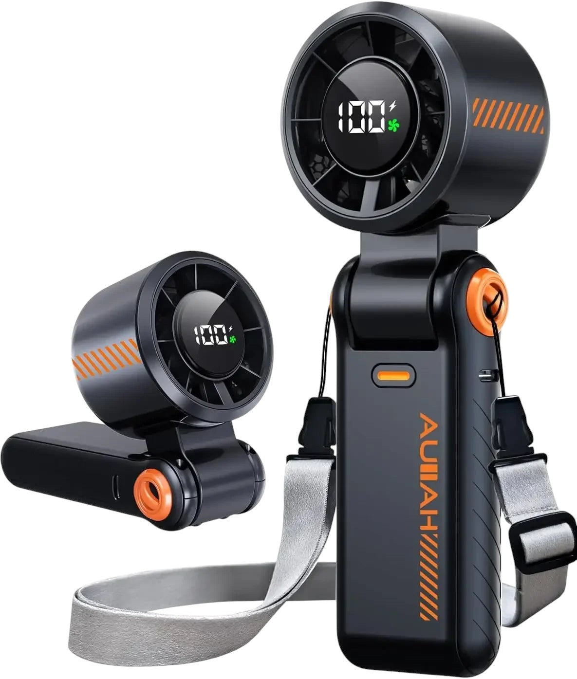 Essential Selects portable handheld turbo fan with 5 speeds, LED display, and foldable design with neck strap.