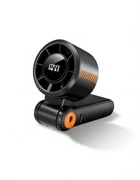 Essential Selects portable handheld turbo fan in black with orange accents, LED display, and foldable design.