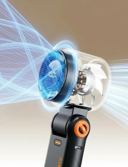 Essential Selects portable handheld turbo fan with 5-speed settings, LED battery display, and powerful airflow.