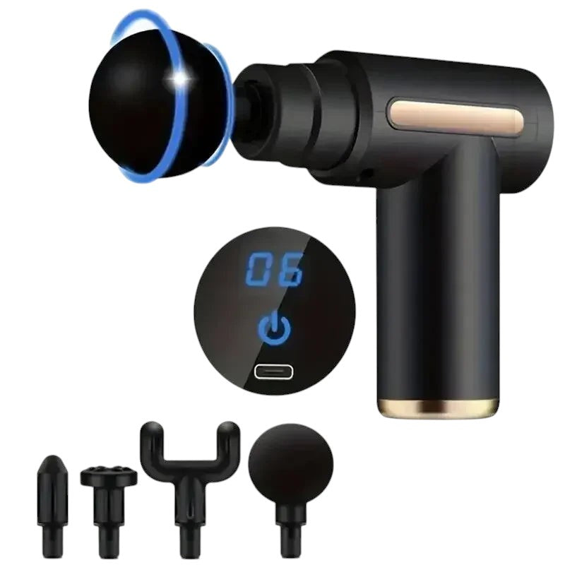 Essential Selects portable black deep tissue massage gun with LED touch screen and four interchangeable massage heads