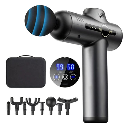 Essential Selects portable deep muscle vibration massage gun with LED touch screen, four massage heads, and travel case.