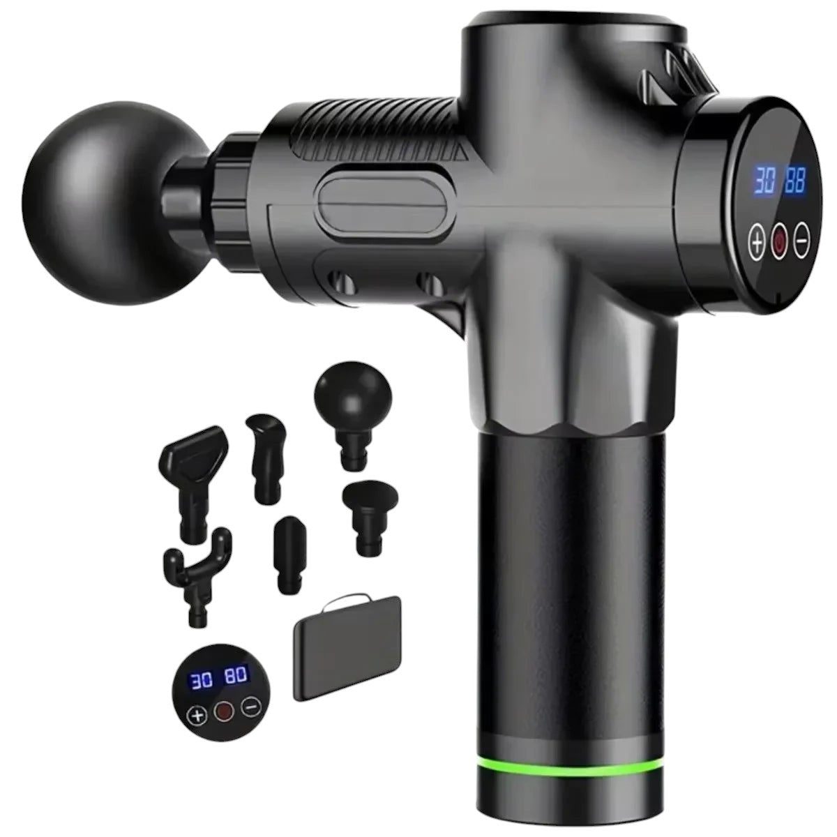 Essential Selects portable black deep tissue percussion massage gun with LED touch screen and four interchangeable heads