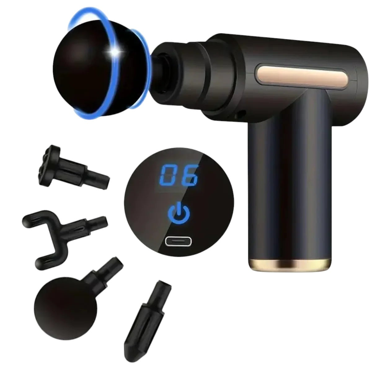 Essential Selects portable black deep tissue percussion massage gun with LED touch screen and four interchangeable heads
