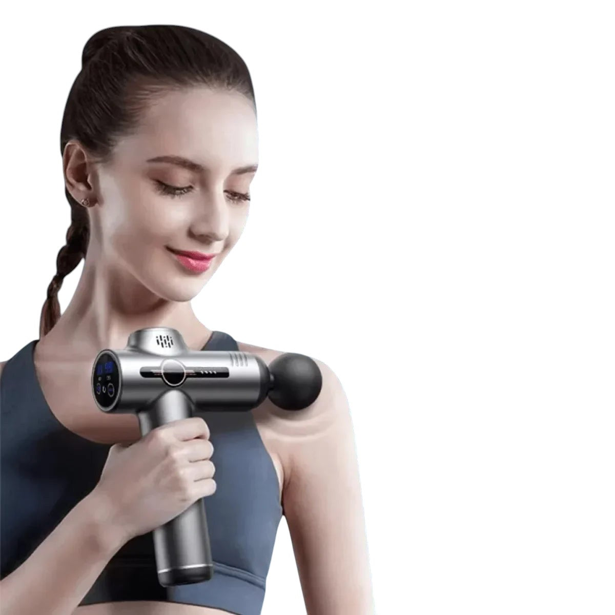 Essential Selects portable deep tissue massage gun with LED screen being used on shoulder by a woman for muscle relief