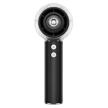 Essential Selects portable handheld misting fan in black with a clear water reservoir and adjustable speed settings.