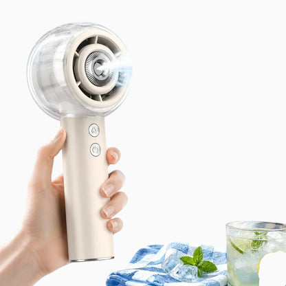 Essential Selects portable handheld misting fan with 6000mAh battery, white plastic design, and adjustable speed settings.