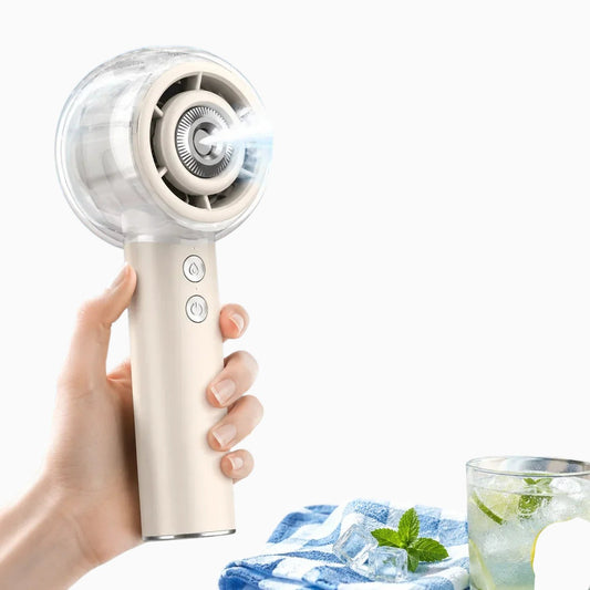 Essential Selects portable handheld misting fan with 6000mAh battery, white plastic design, and adjustable speed settings.