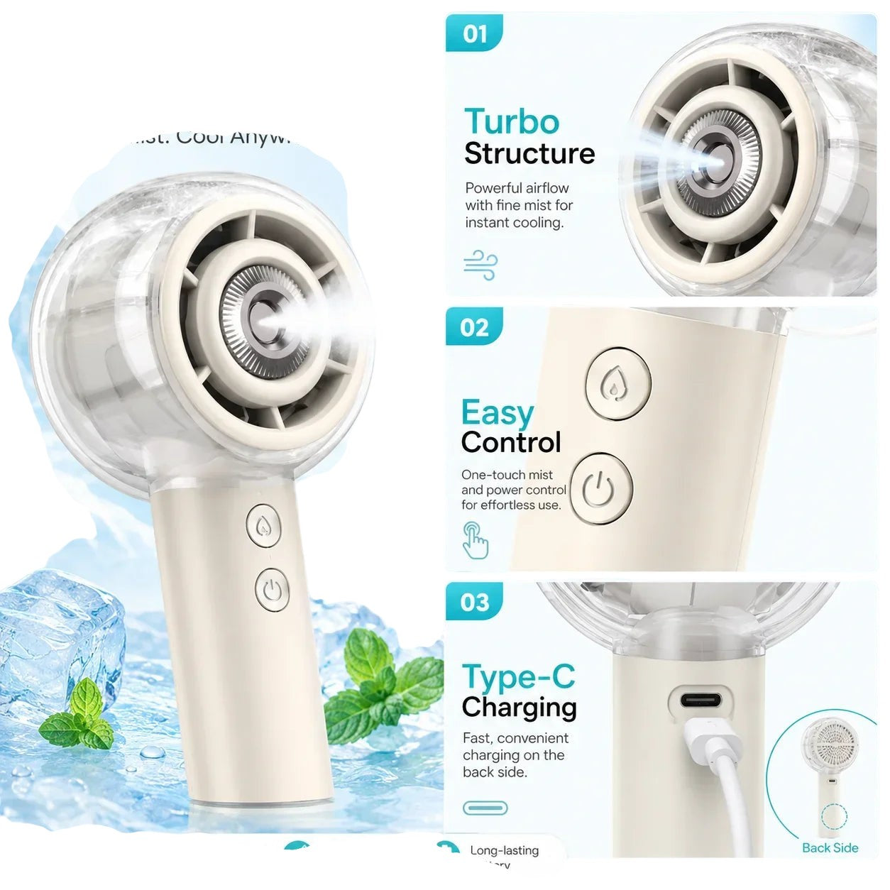 Essential Selects portable handheld misting fan with turbo airflow, rechargeable battery, and easy control buttons.