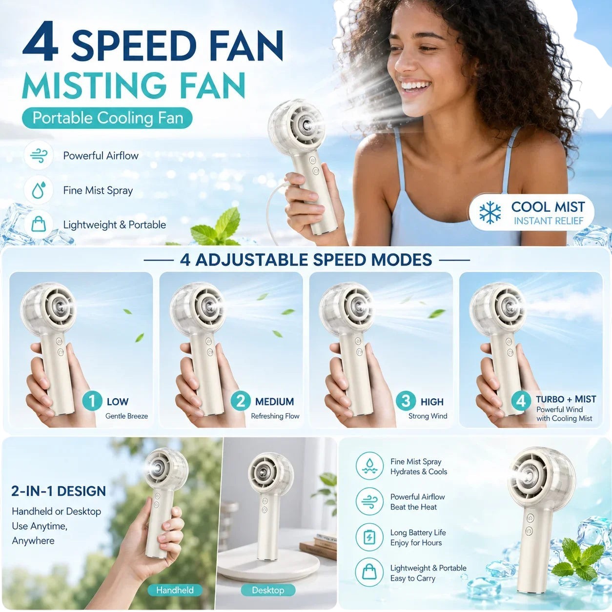 Essential Selects portable misting handheld fan with 4 speed modes and 6000mAh battery for instant cooling relief