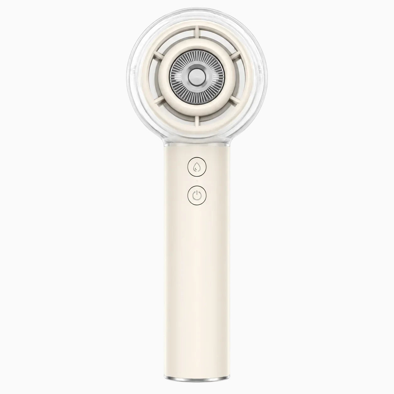 Essential Selects portable handheld misting fan in cream plastic with a clear water reservoir and two control buttons.