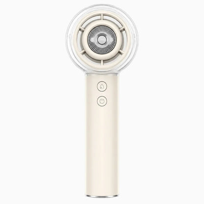 Essential Selects portable handheld misting fan in cream plastic with a clear water reservoir and two control buttons.