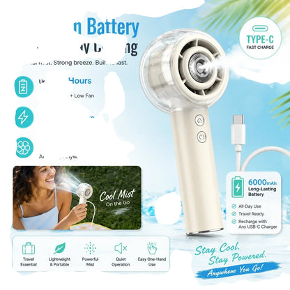 Essential Selects portable misting fan with 6000mAh battery, showing misting feature, speed settings, and USB-C cable.