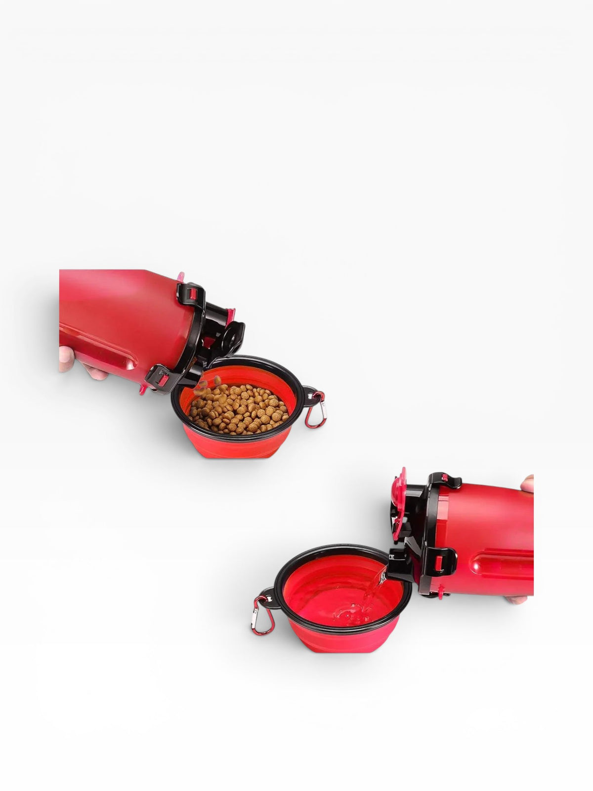 Essential Selects red portable pet bottle dispensing dry food and water into two collapsible bowls for travel
