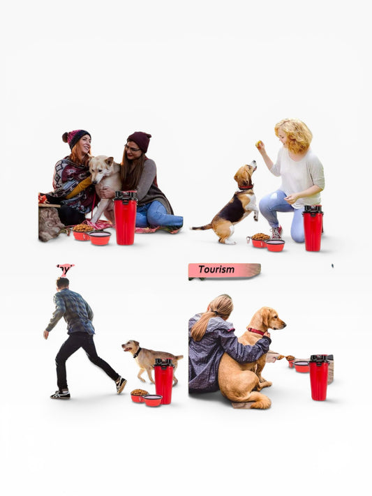 Essential Selects portable red pet travel bottle with two collapsible bowls for feeding and watering dogs outdoors