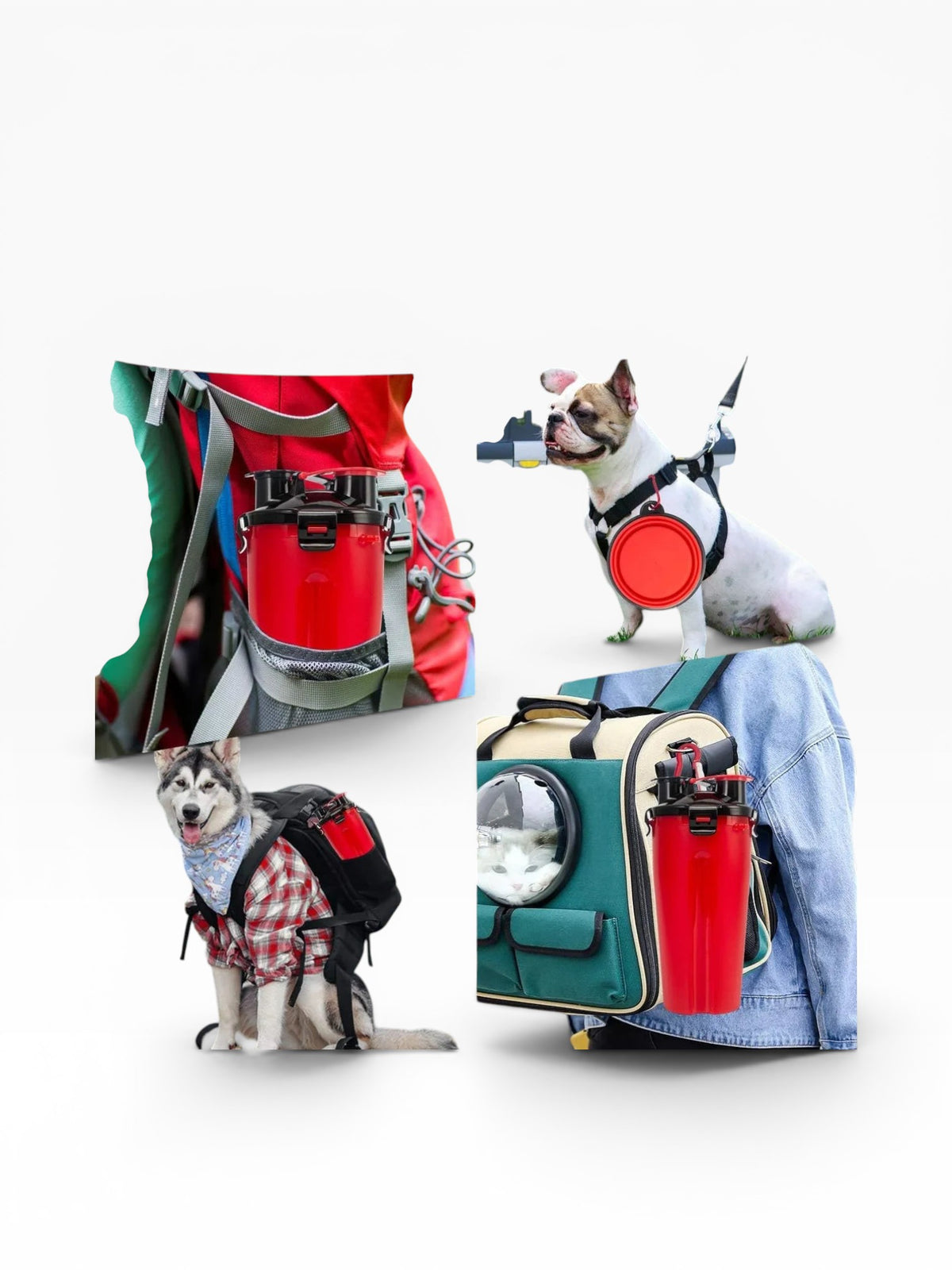 Essential Selects portable red pet travel bottle with collapsible bowls attached to backpacks and worn by dogs.