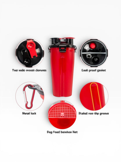 Essential Selects portable red pet travel bottle with two chambers, leak-proof lids, carabiner, and food isolation net.