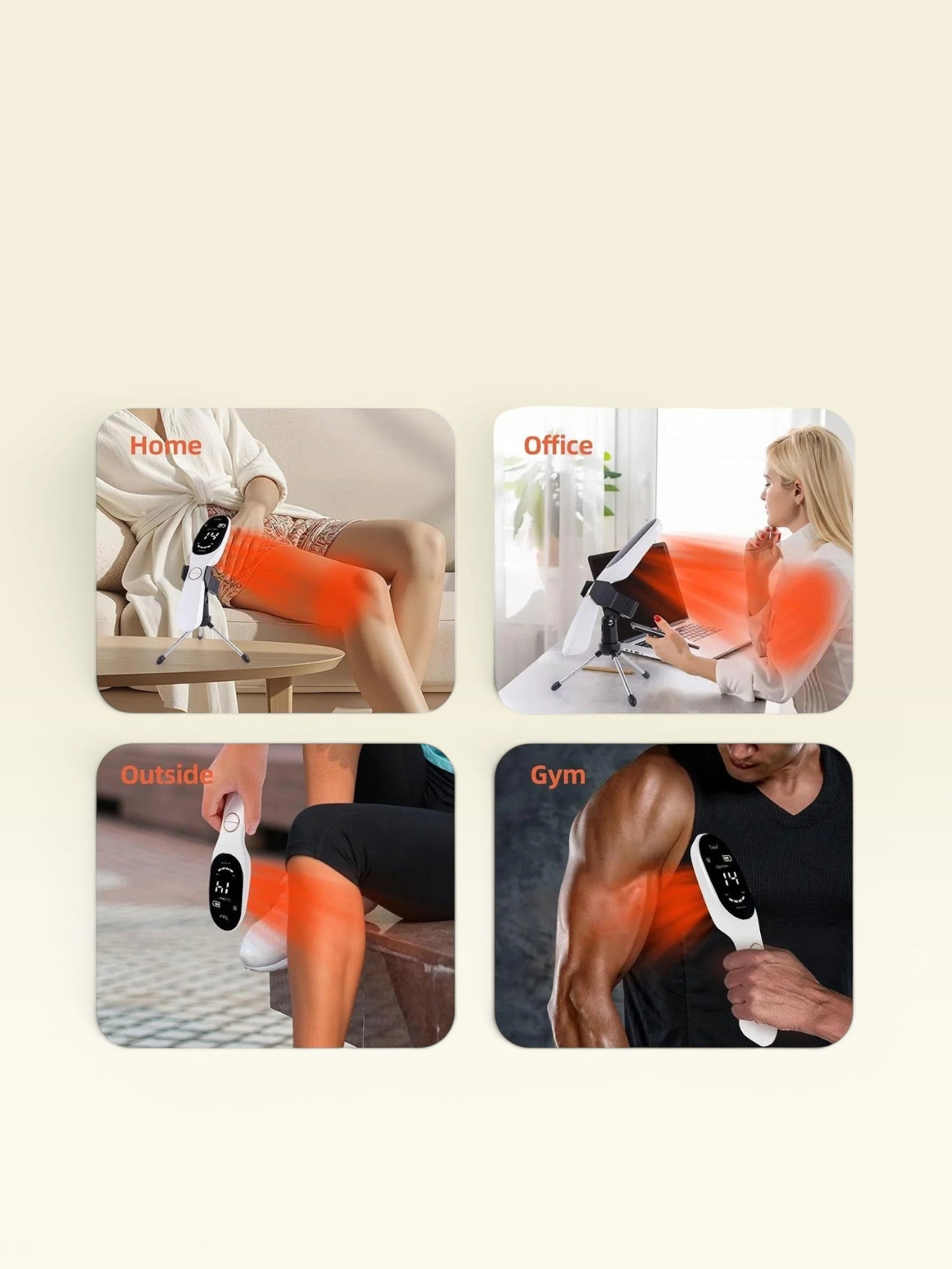 Essential Selects portable red light therapy wand with stand used for muscle recovery at home, office, and gym.