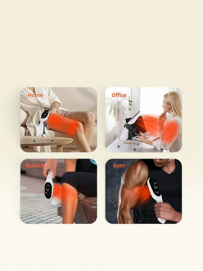 Essential Selects portable red light therapy wand with stand used for muscle recovery at home, office, and gym.