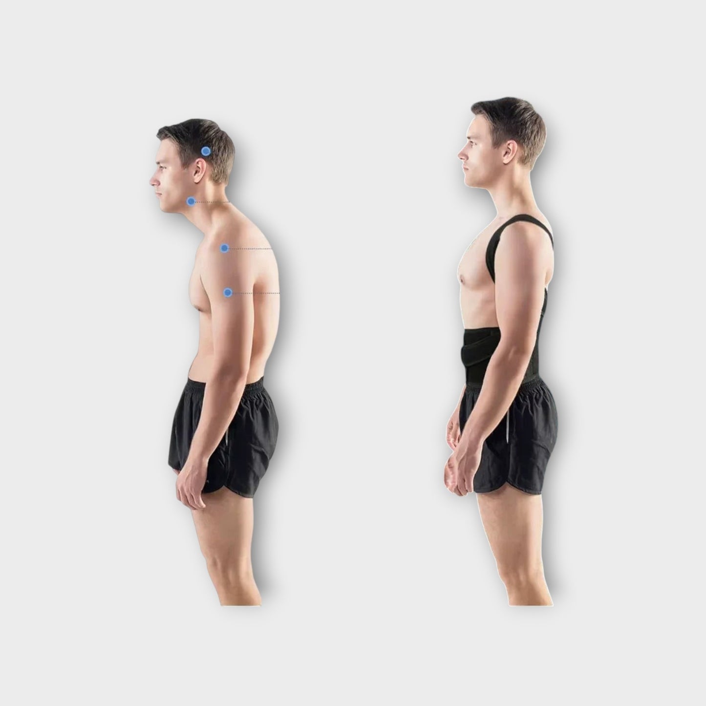 Essential Selects adjustable black back posture corrector brace showing improved spinal alignment on a man