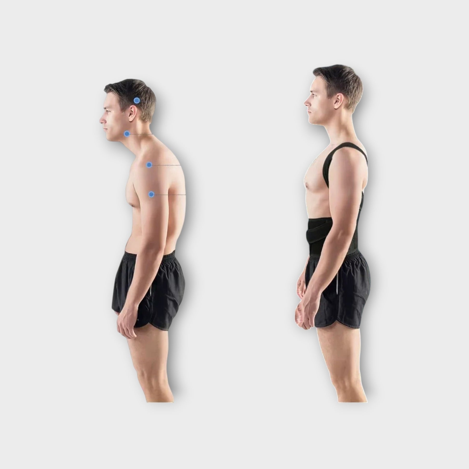 Essential Selects adjustable black back posture corrector brace showing improved spinal alignment on a man