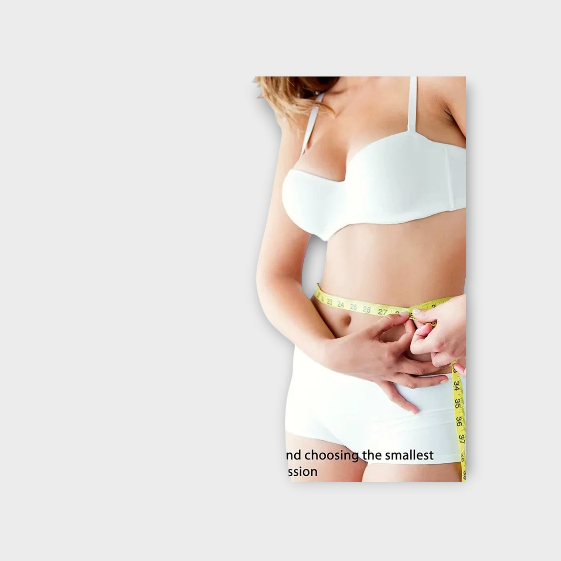 Essential Selects adjustable back posture corrector brace worn by a woman measuring her waist with a yellow tape.
