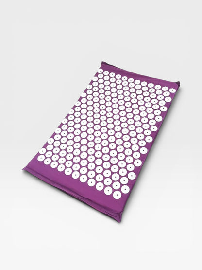 Essential Selects purple acupressure mat with white ABS plastic spikes for relaxation and back pain relief