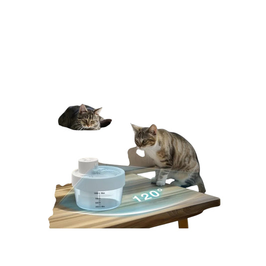 Essential Selects Charkool white rechargeable cat water fountain with 120-degree motion sensor on a wooden table