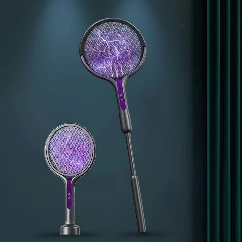 Essential Selects rechargeable electric mosquito swatter with telescopic handle and purple glowing mesh grid