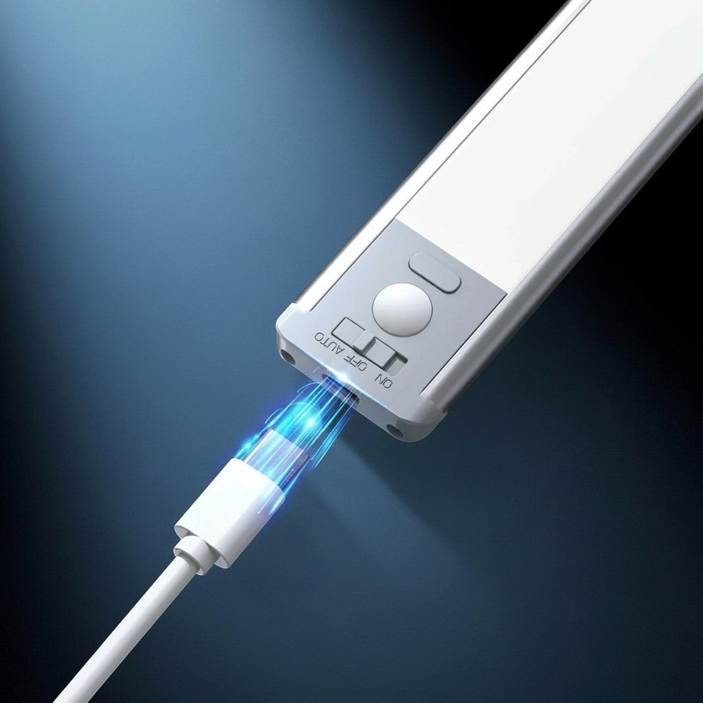 Essential Selects rechargeable motion sensor LED under cabinet light being charged with a USB-C cable