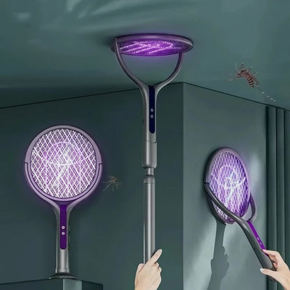 Essential Selects rechargeable automatic mosquito swatter with rotatable mesh and telescopic handle in purple and grey.