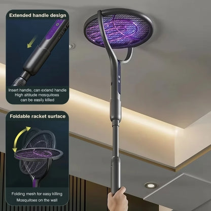 Essential Selects rechargeable mosquito swatter with telescopic handle and rotatable mesh for ceiling and wall use.