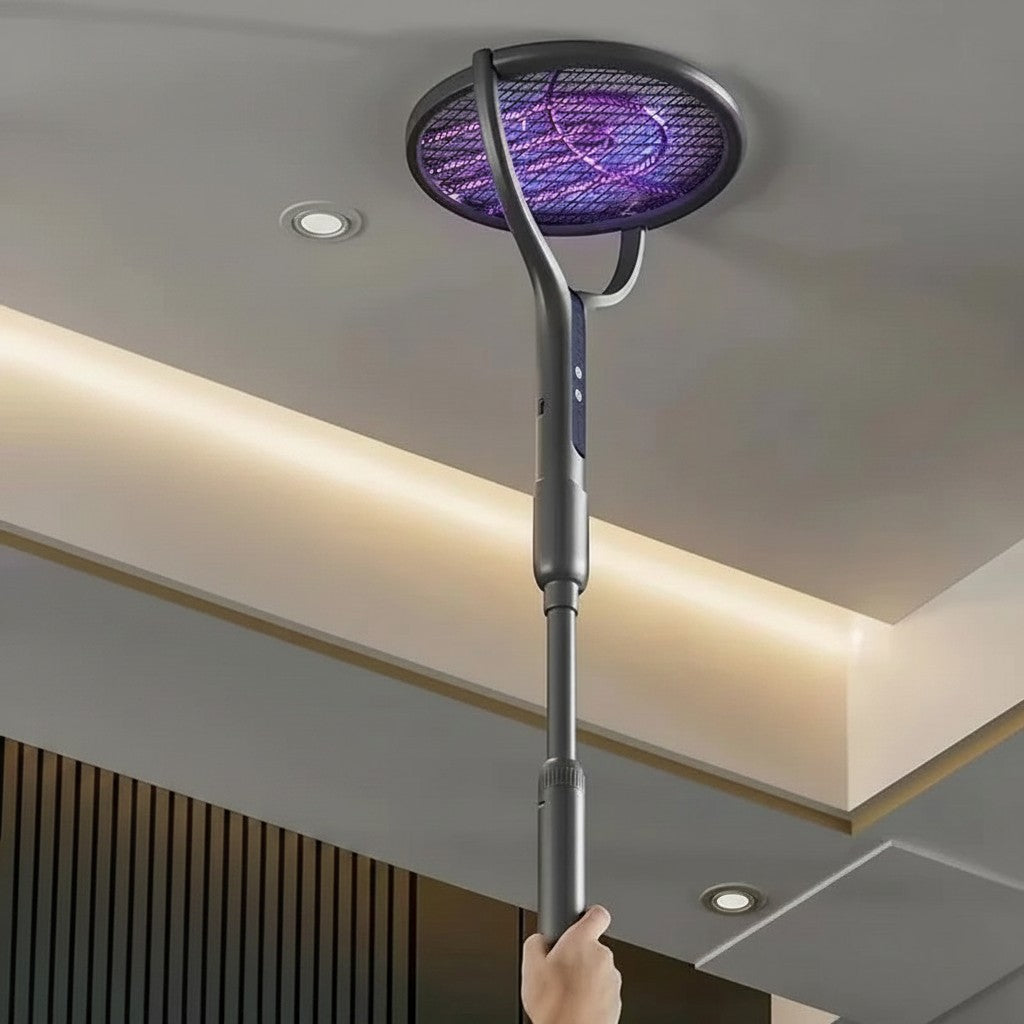Essential Selects rechargeable automatic mosquito swatter with telescopic handle and purple UV light mesh on ceiling