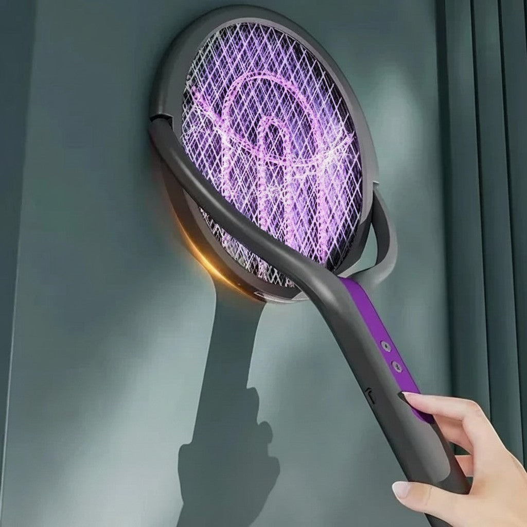 Essential Selects rechargeable automatic mosquito swatter with purple electric mesh light against a wall