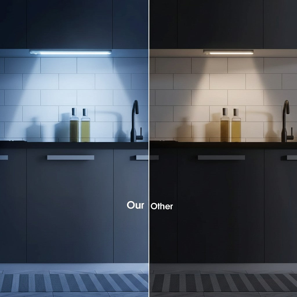 Essential Selects rechargeable motion sensor under cabinet lights showing cool white versus warm white light settings