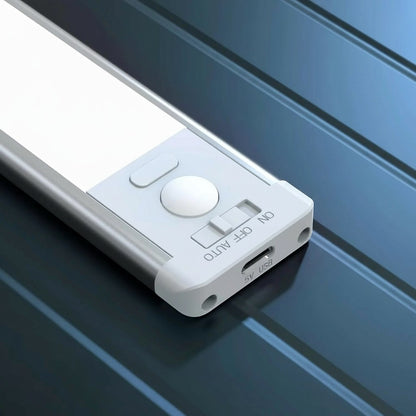 Essential Selects rechargeable motion sensor under cabinet light with USB-C port and mode switch on aluminum body