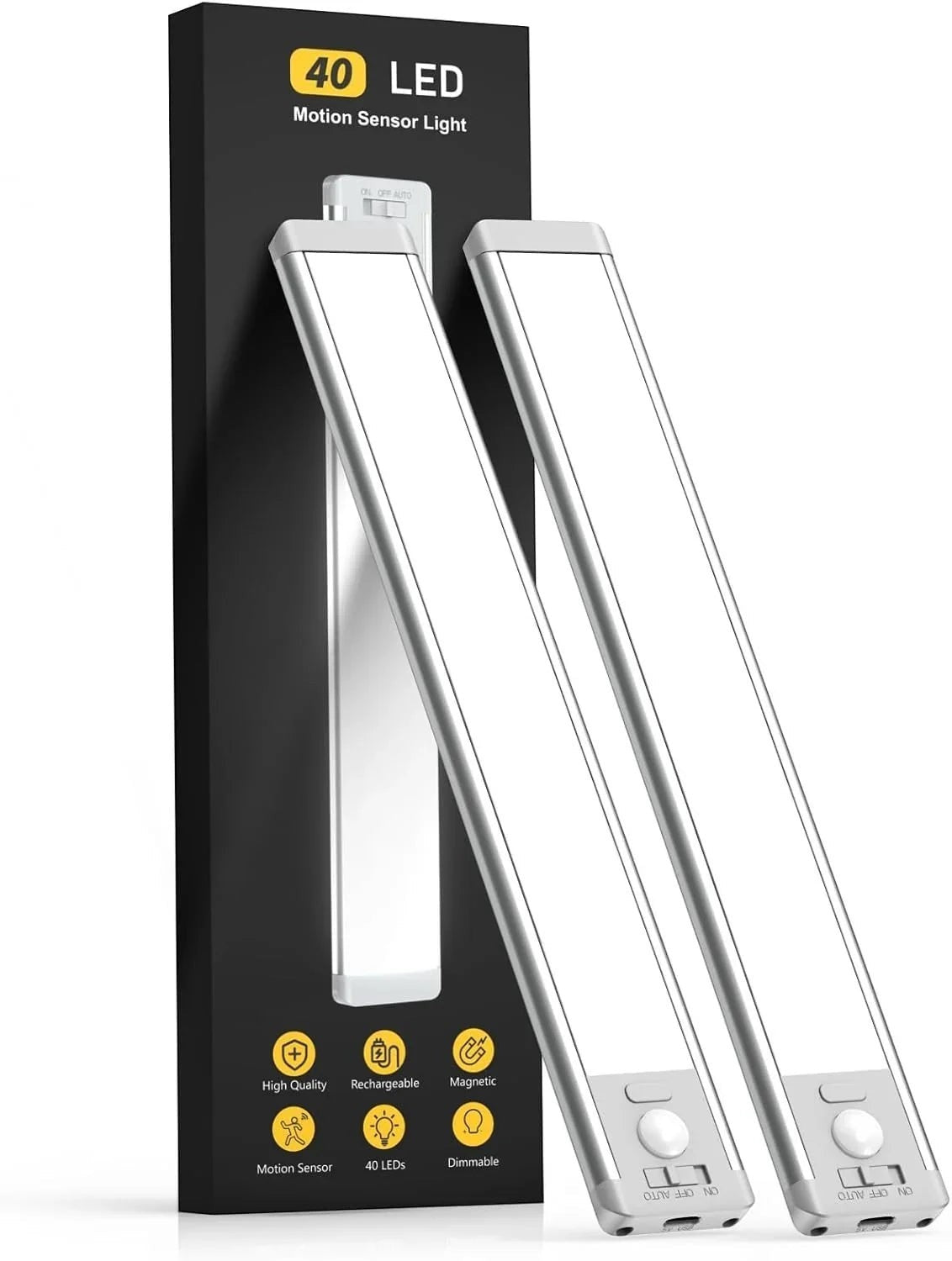 Essential Selects 2-pack rechargeable LED under cabinet lights with motion sensors and magnetic mounting.
